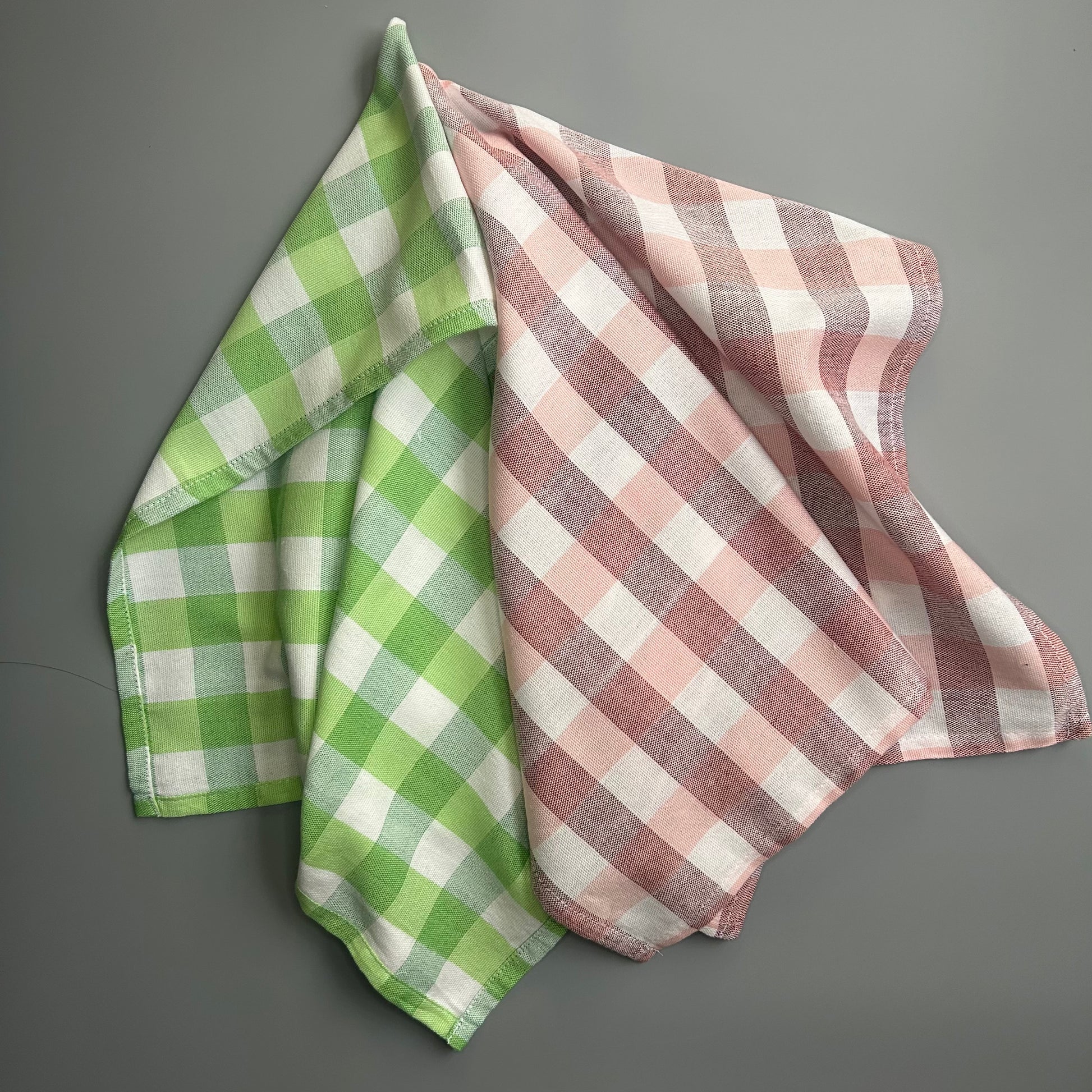 Denim Apron + pink and green tea towel set