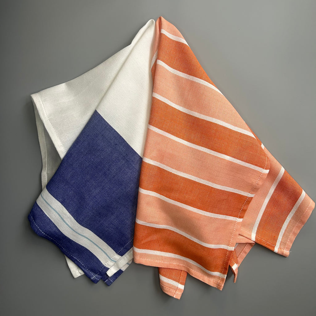 Denim apron + orange and blue tea towel set