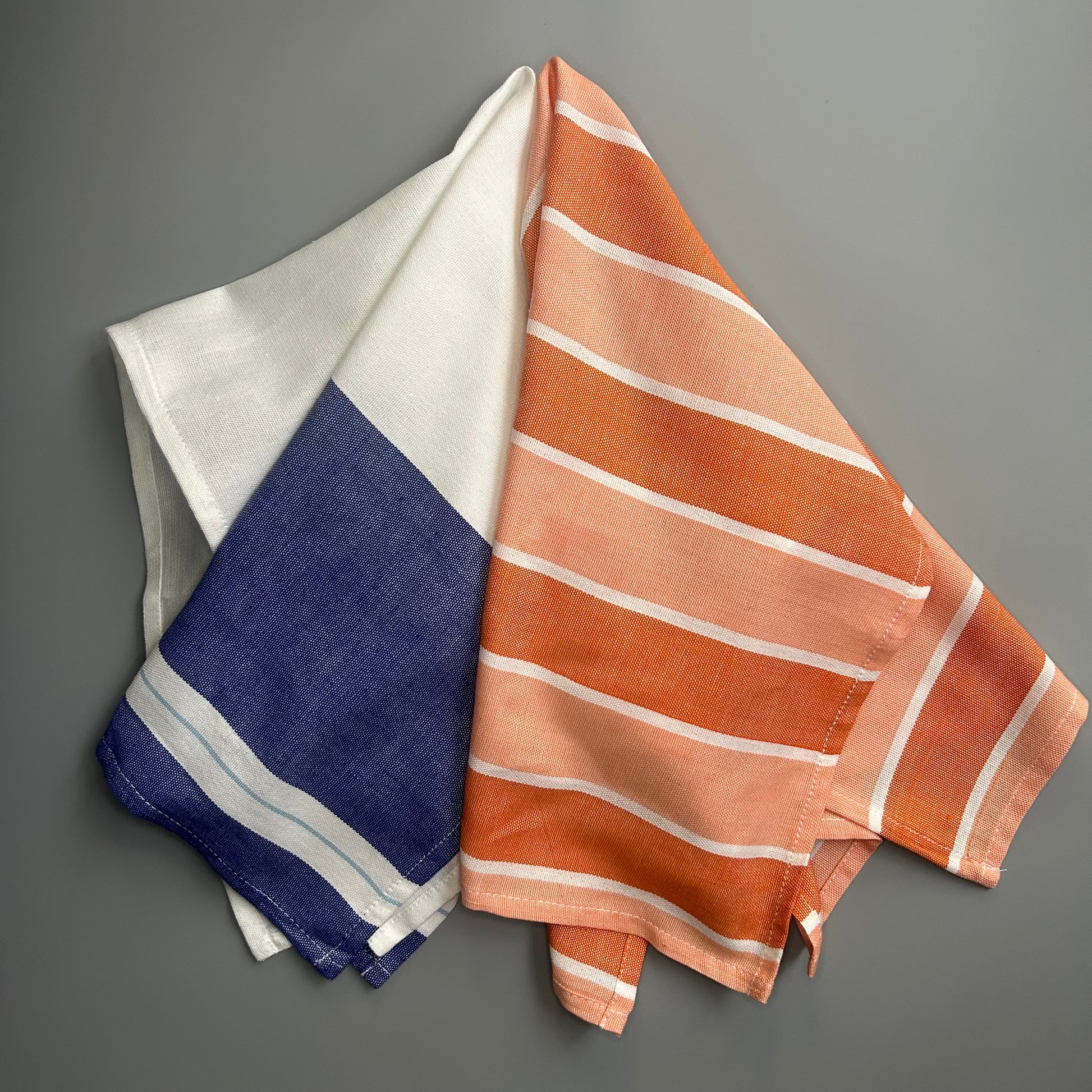 Denim apron + orange and blue tea towel set