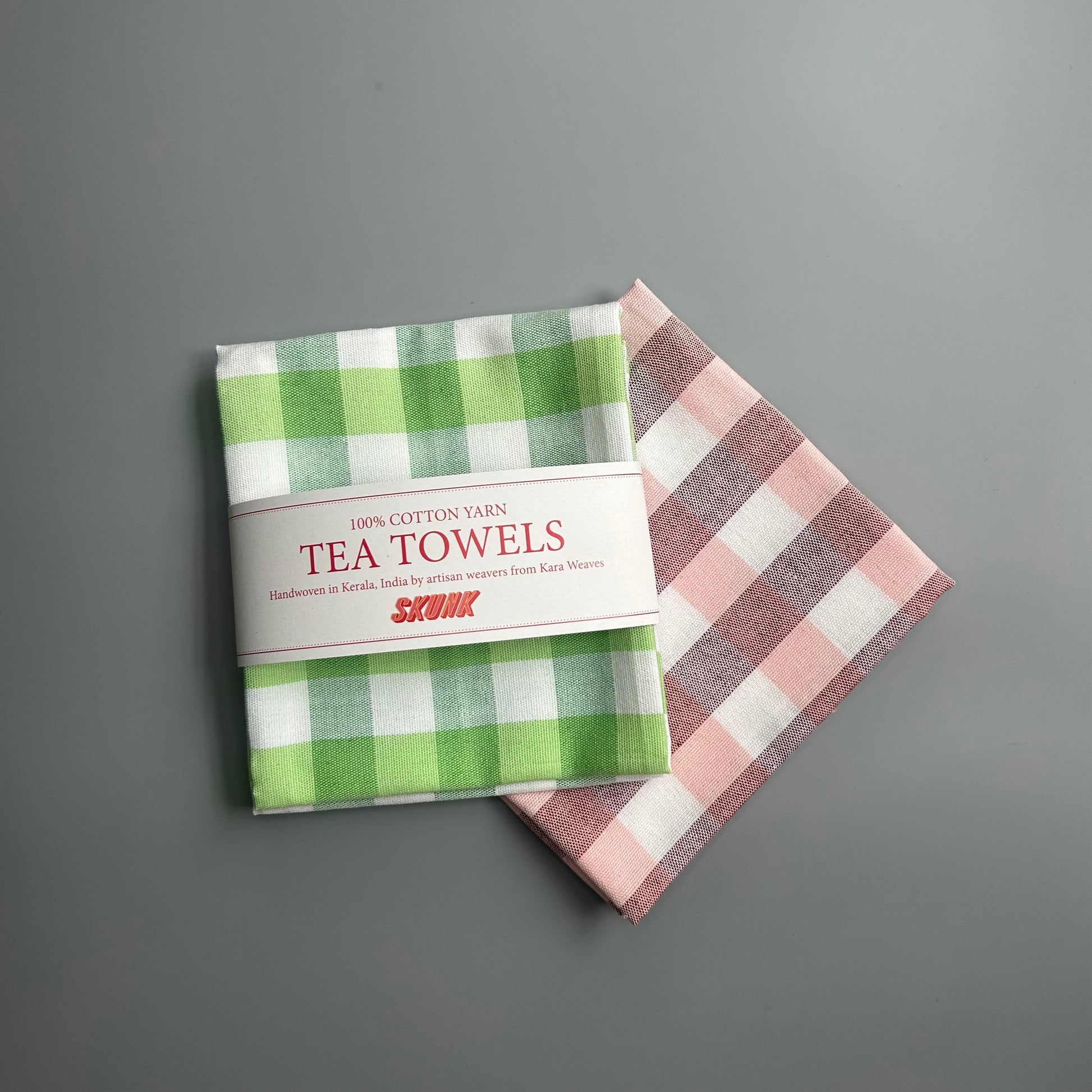 Pink and green tea towels - set of 2