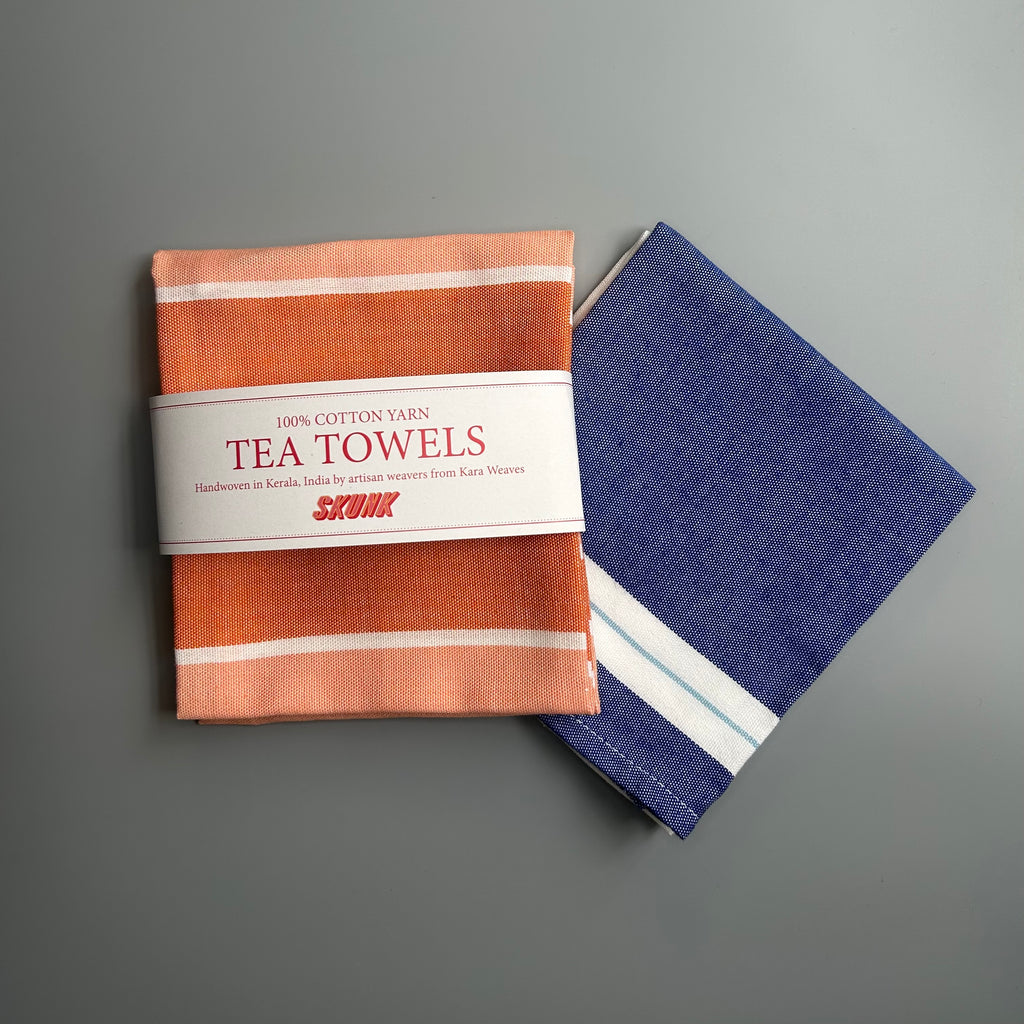 Denim apron + orange and blue tea towel set