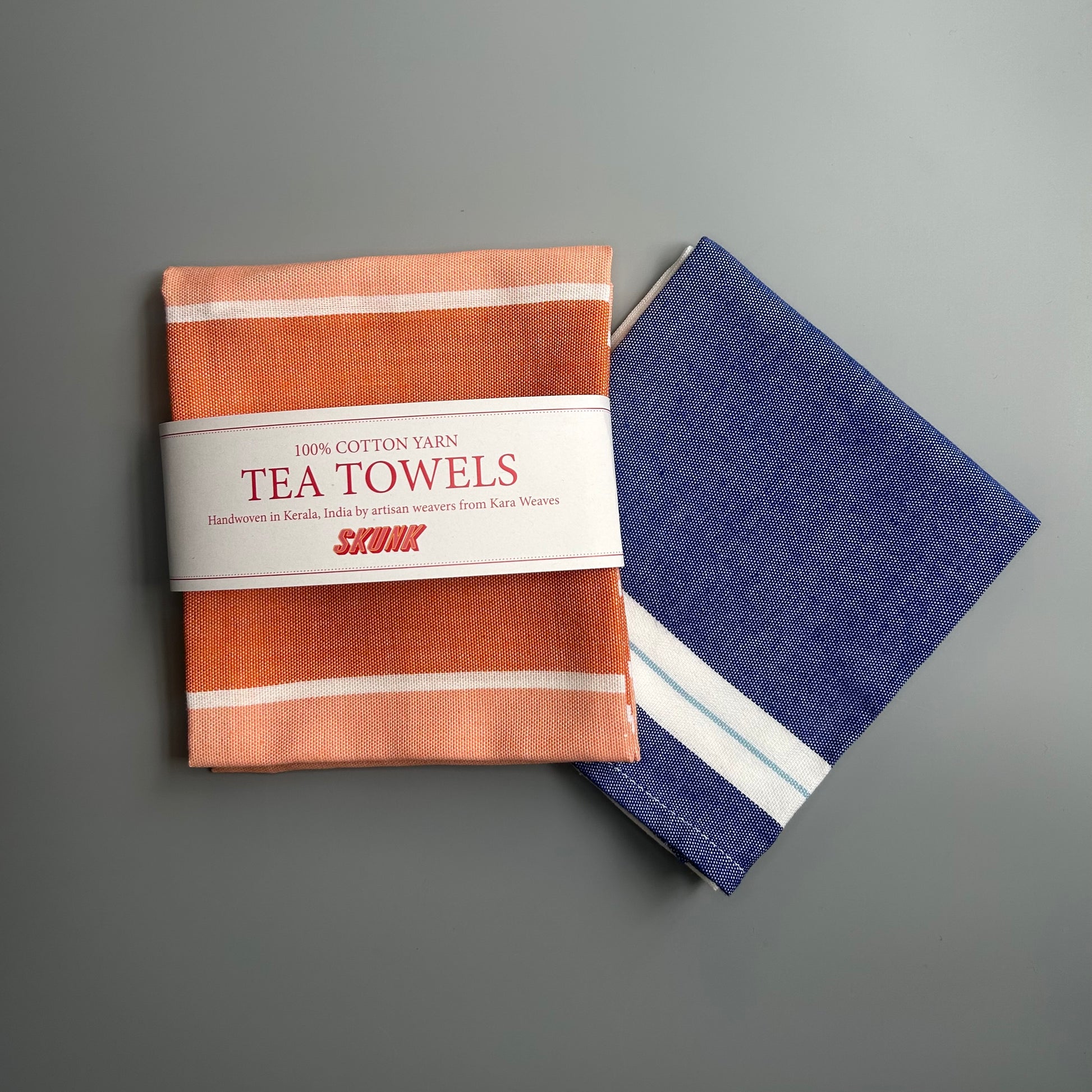 Denim apron + orange and blue tea towel set