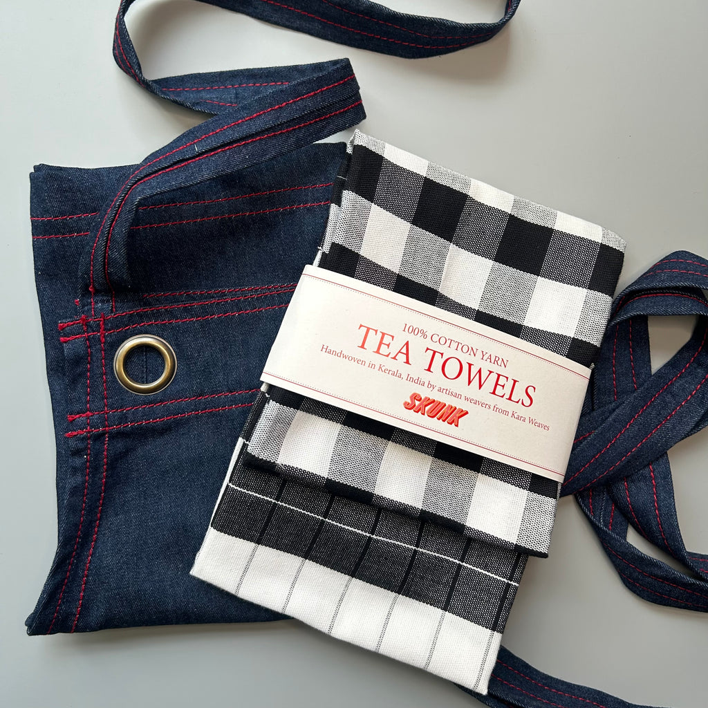 Denim Apron + B&W Tea towel set