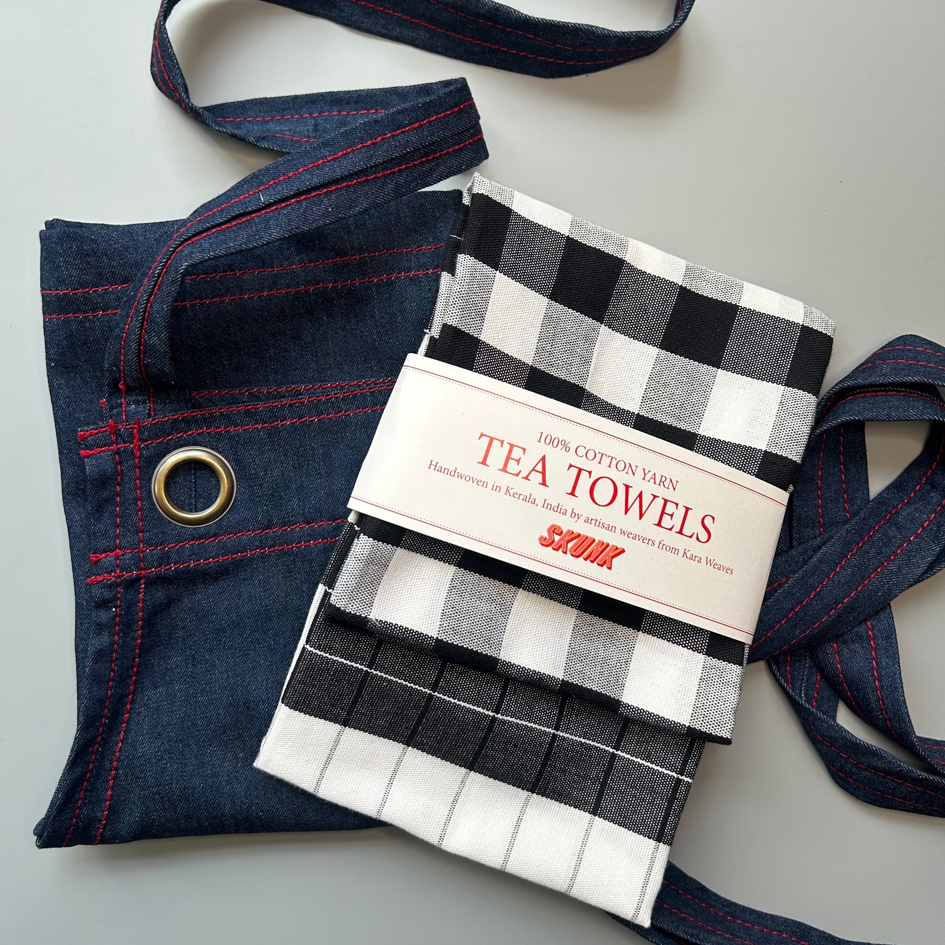 Denim Apron + B&W Tea towel set