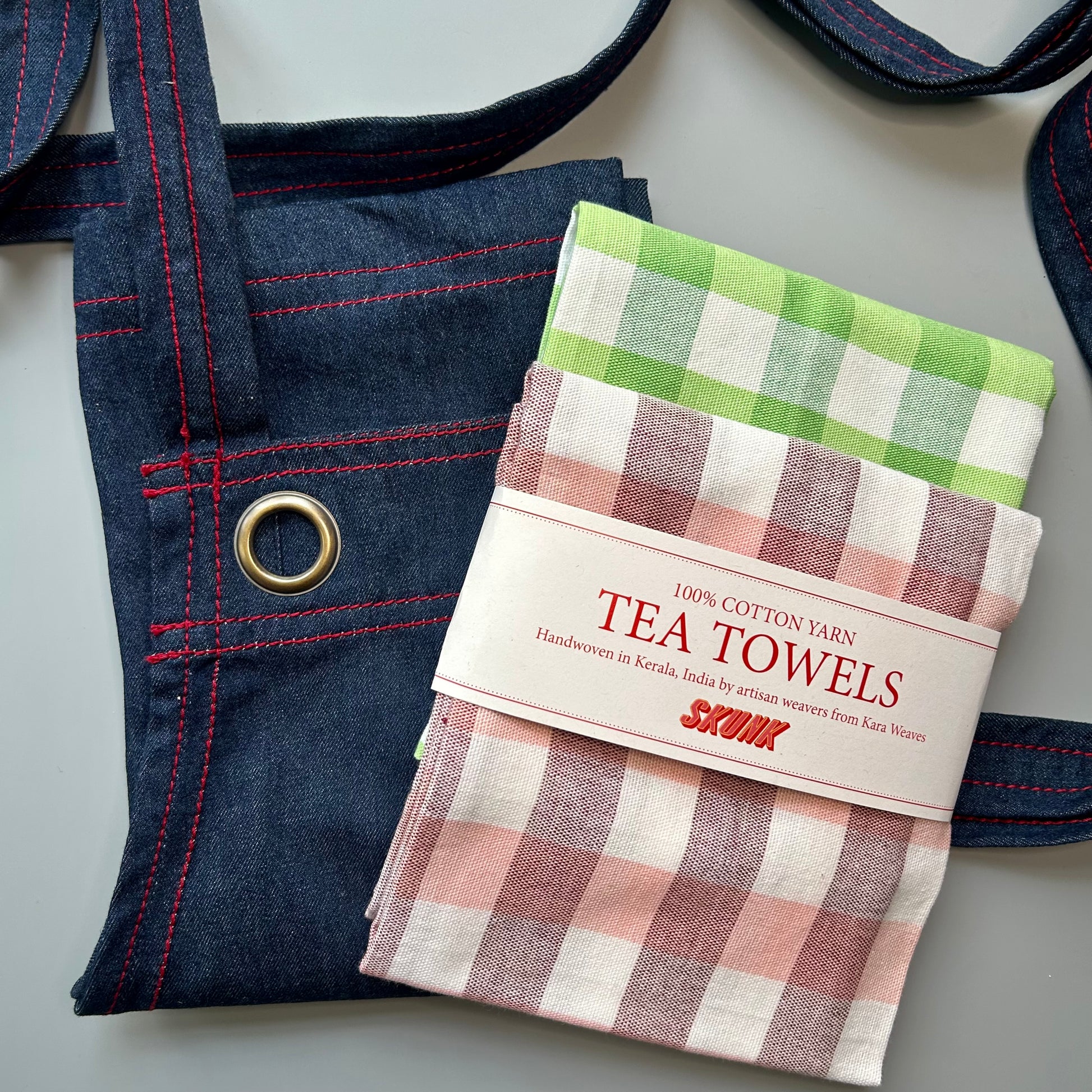 Denim Apron + pink and green tea towel set