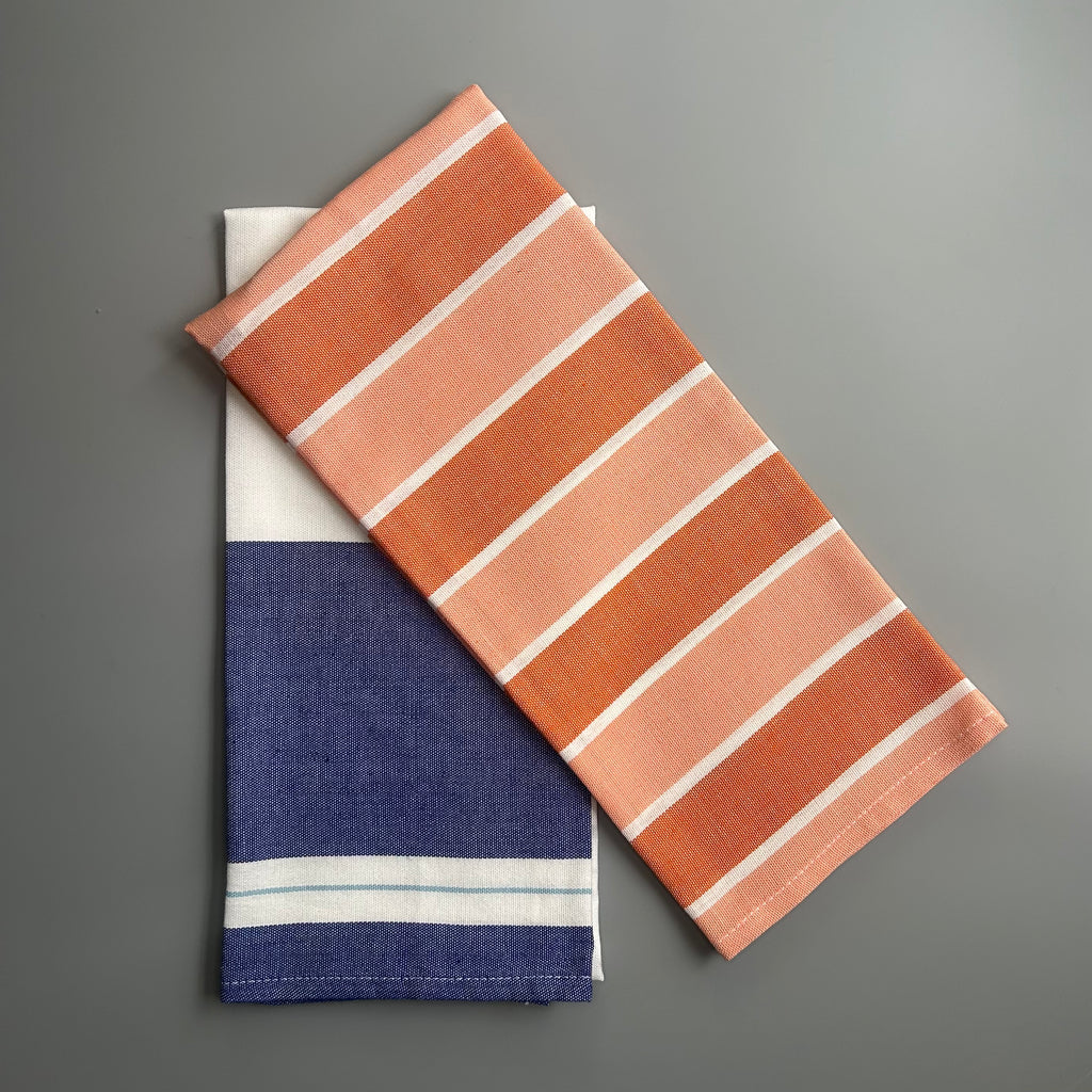 Denim apron + orange and blue tea towel set