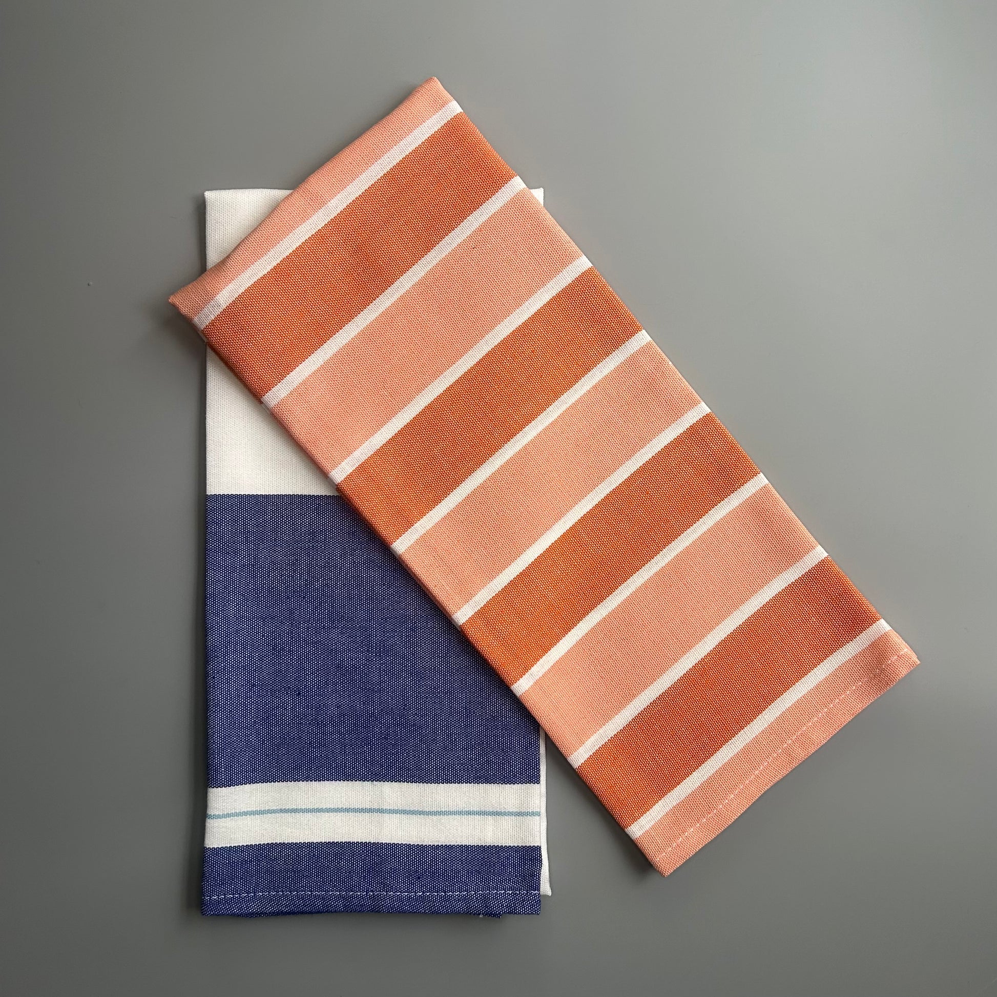 Denim apron + orange and blue tea towel set